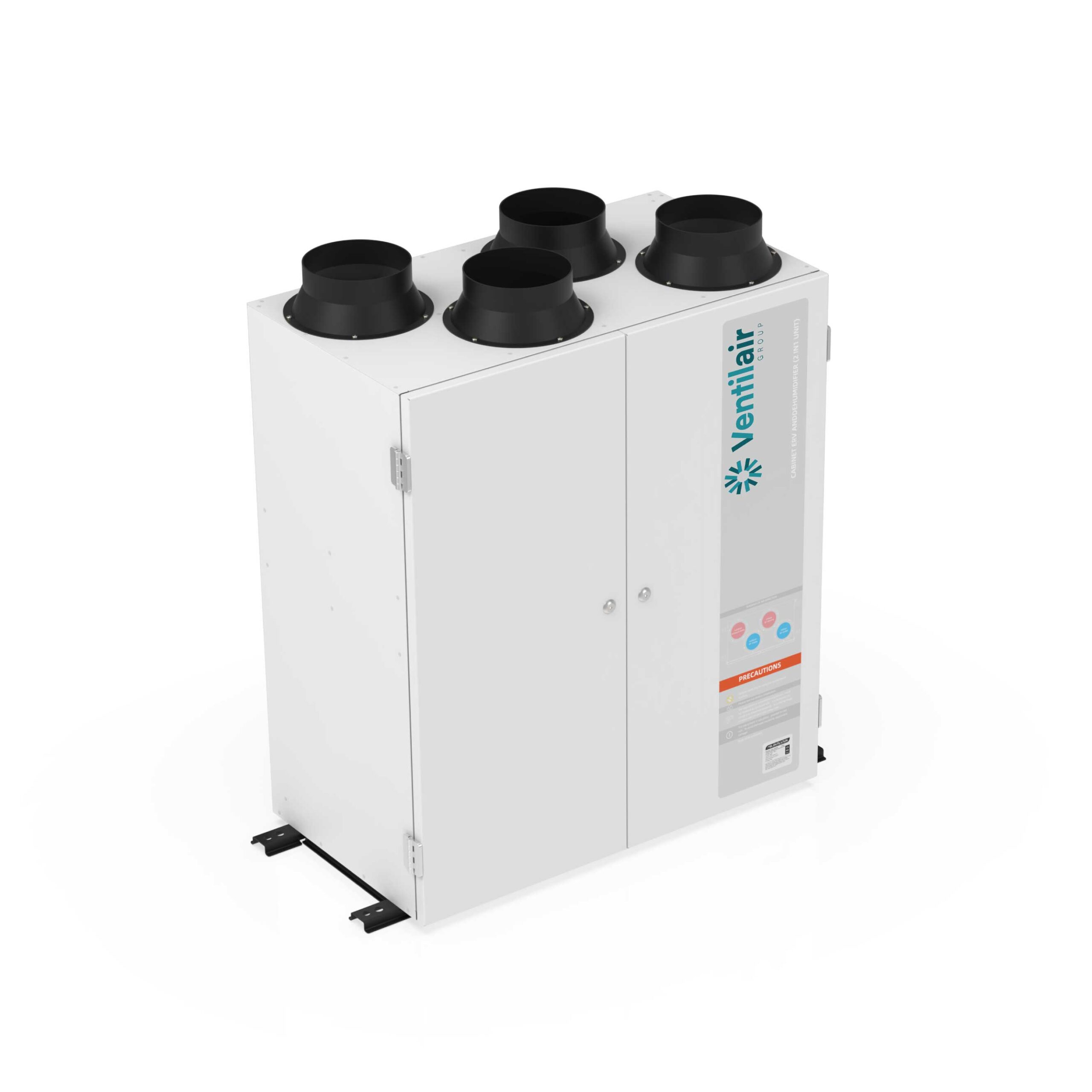 Showing the front and side of 2-in-1 Heat recovery ventilator and dehumidifier. Vertical configuration suitable for installation on the ground