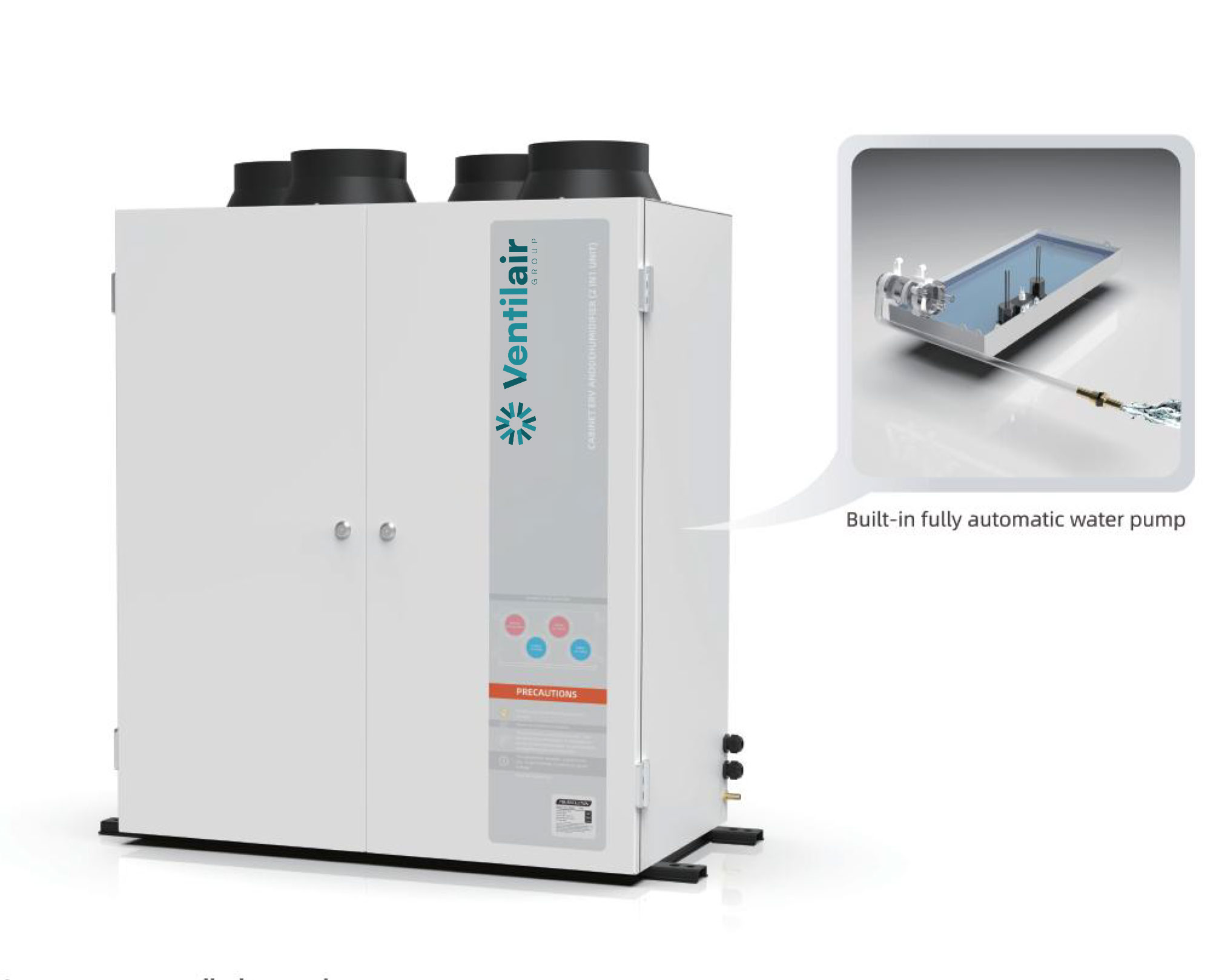 front view with diagram of 2-in-1 Heat recovery ventilator and dehumidifier. Vertical configuration suitable for installation on the ground
